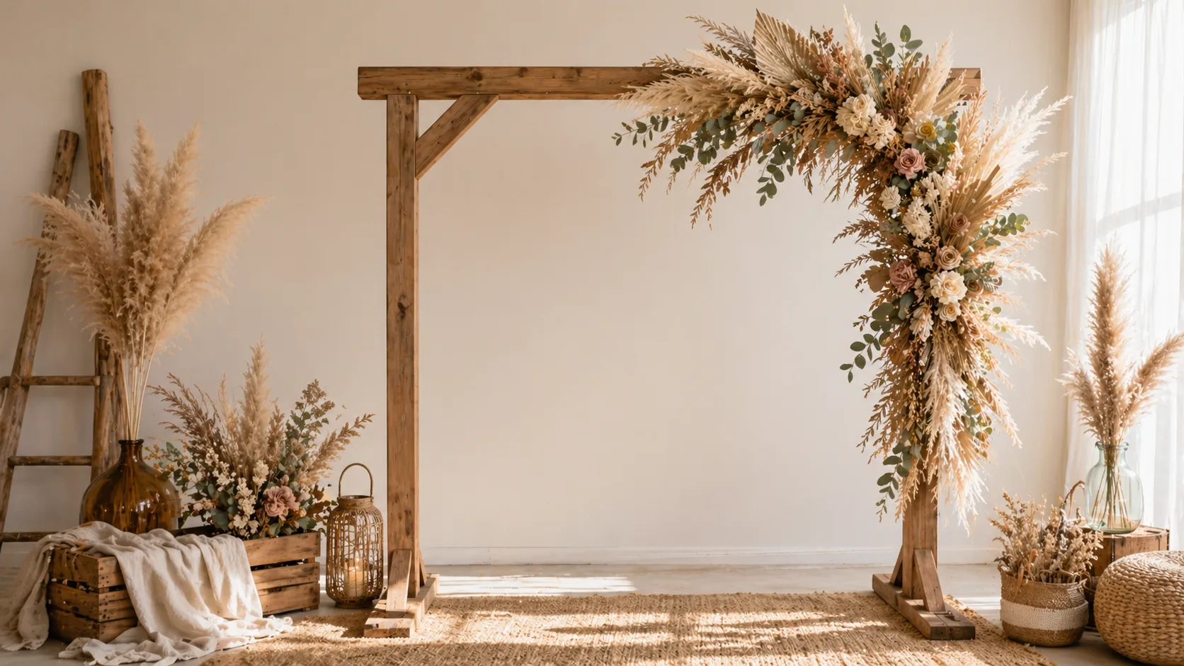 Arche de mariage bohème décorée de pampa et fleurs séchées